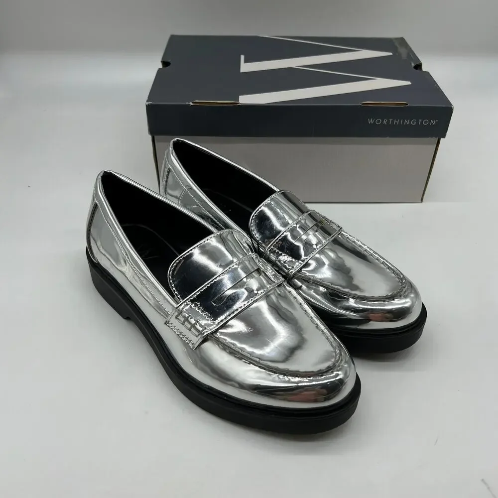 Worthington Ellen Womens Round Closed Toe Loafers Silver Size 8M